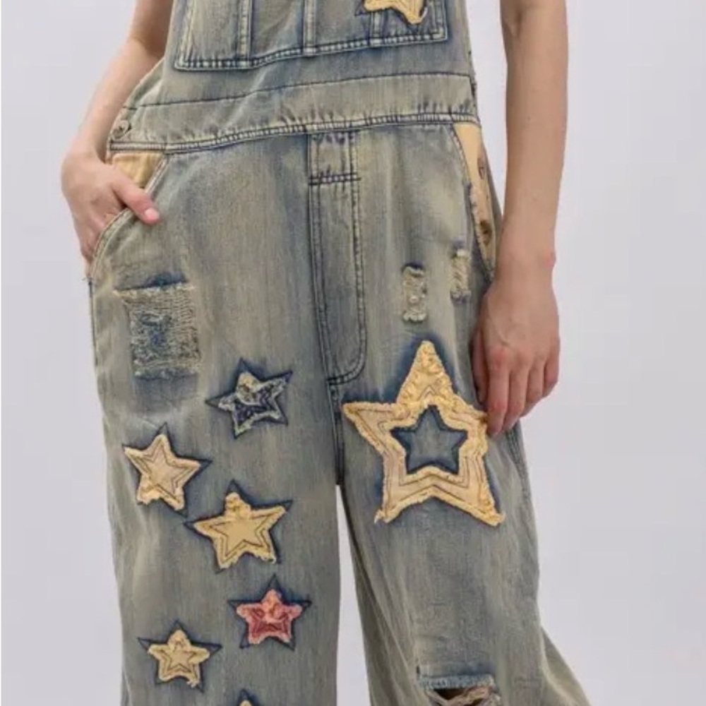 Star Embellished Distressed Denim Overalls